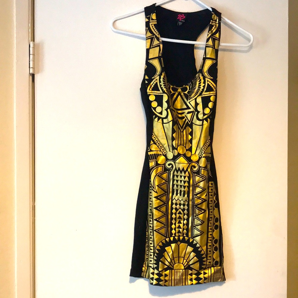 Bebe bodycon black and gold dress